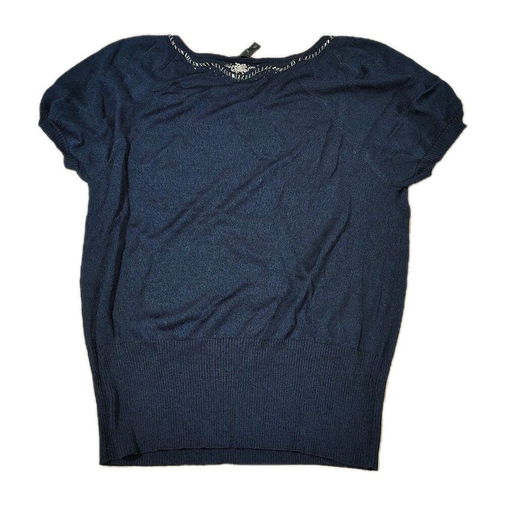 Escada Womens Beaded Knit Top Size 38 Navy Scoop Neck Short Sleeve Sweater - Picture 3 of 9